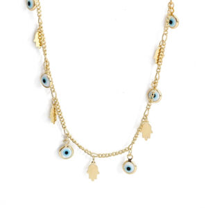 Grieks blauw oog en Hand van Fatima ketting goudkleurig
