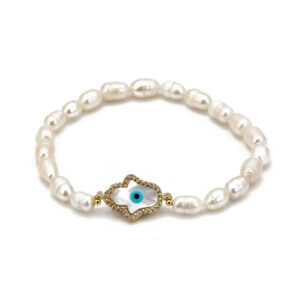 Elastische kralenarmband Hand van Fatima met blauw oog