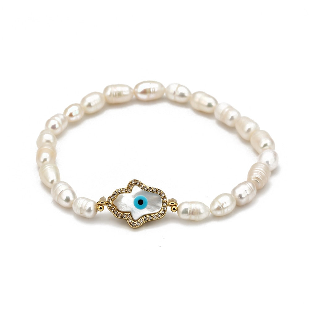 Elastische kralenarmband Hand van Fatima met blauw oog 1 Elastische kralenarmband Hand van Fatima met blauw oog