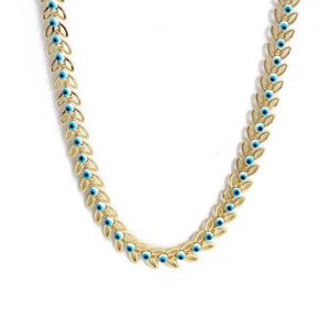 Grieks blauw oog ketting met blaadjes goudkleurig