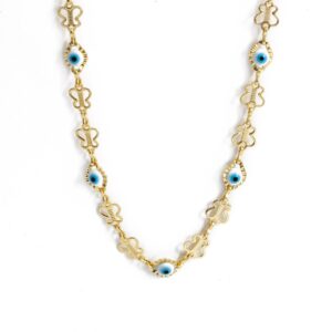 Grieks blauw oog ketting met vlinders goudkleurig