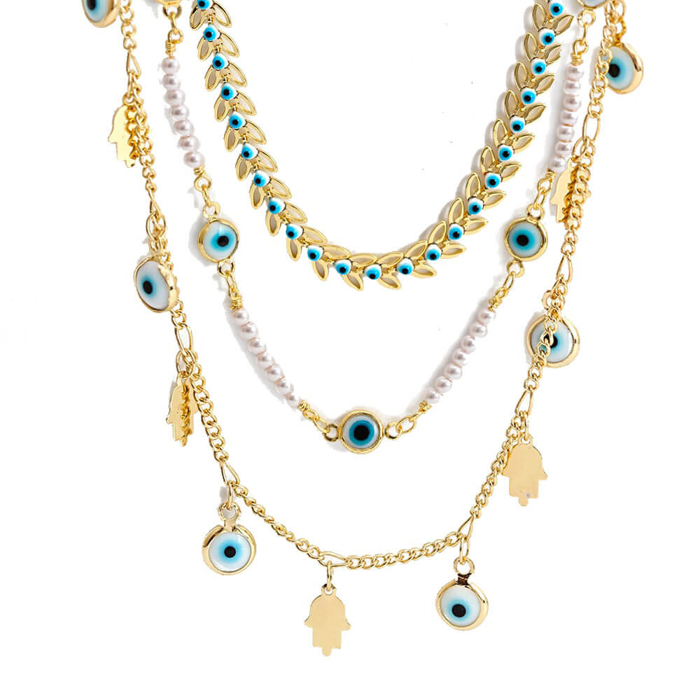 Ketting met Grieks oog en hamsa, goudkleurig staal 3 Ketting met Grieks oog en hamsa, goudkleurig staal - Afbeelding 3