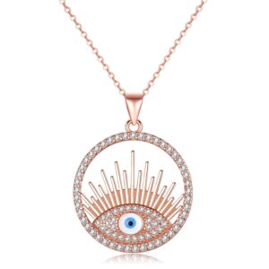 Ketting hamsa met blauw oog, rosegoudkleurig staal