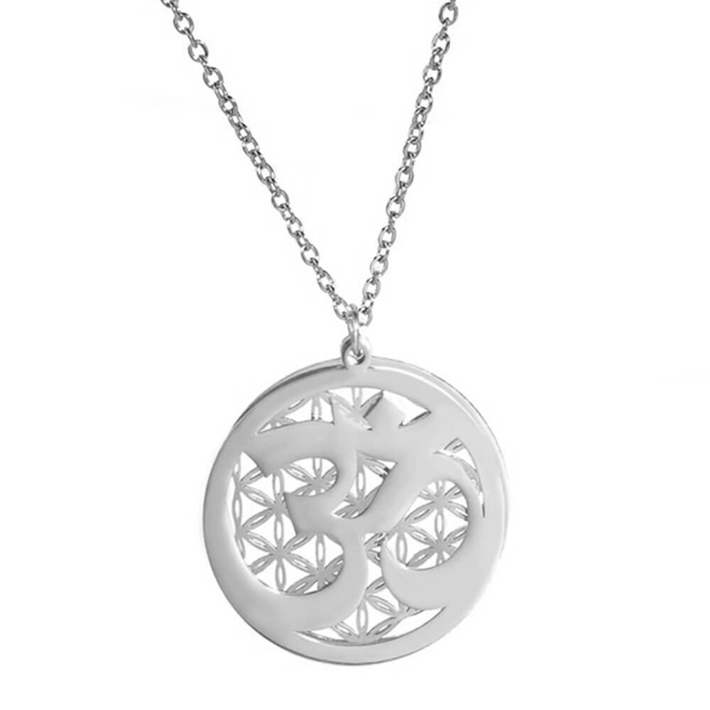 Ketting met levensbloem en Aum, zilverkleurig staal 1 Ketting met levensbloem en Aum, zilverkleurig staal