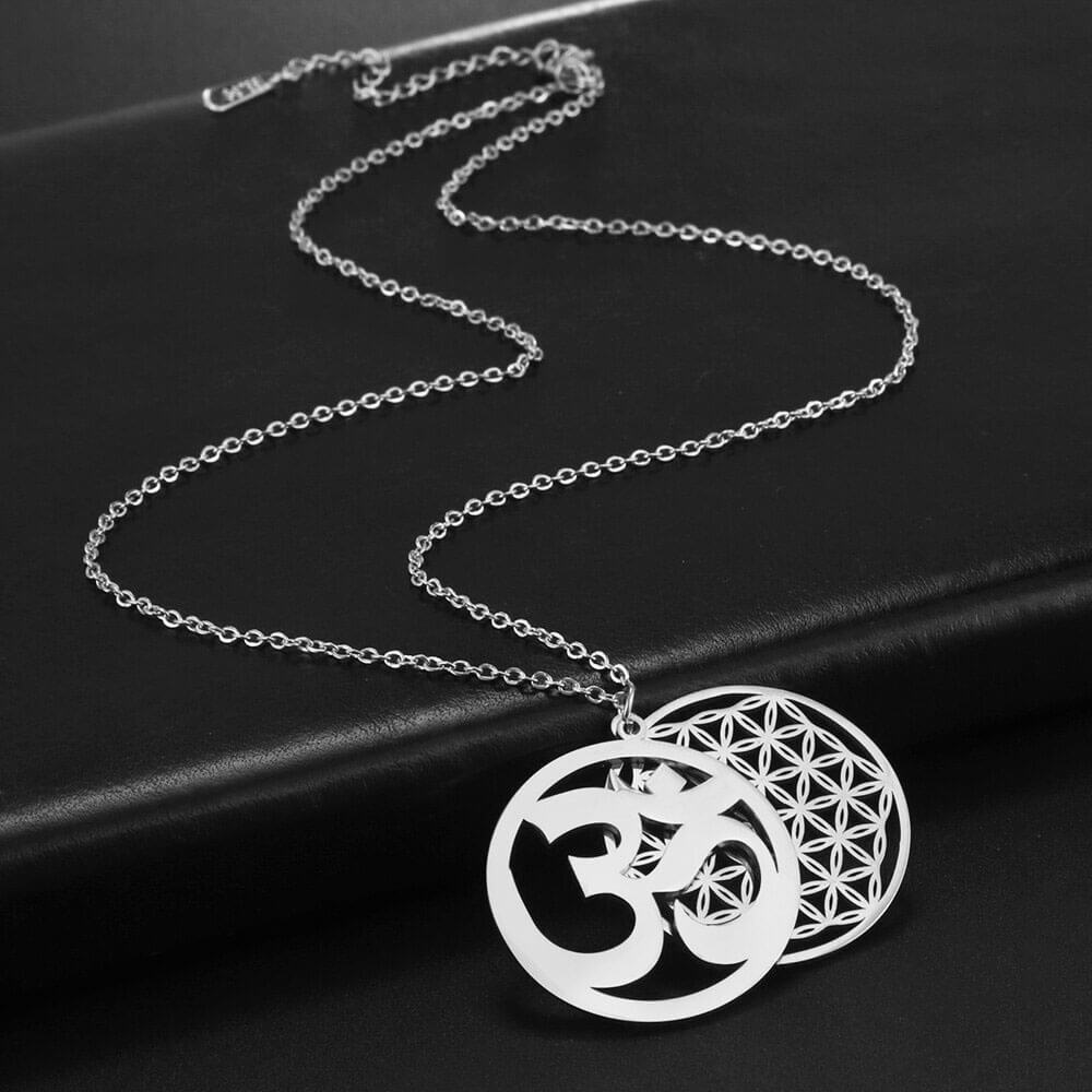 Ketting met levensbloem en Aum, zilverkleurig staal 3 Ketting met levensbloem en Aum, zilverkleurig staal - Afbeelding 3
