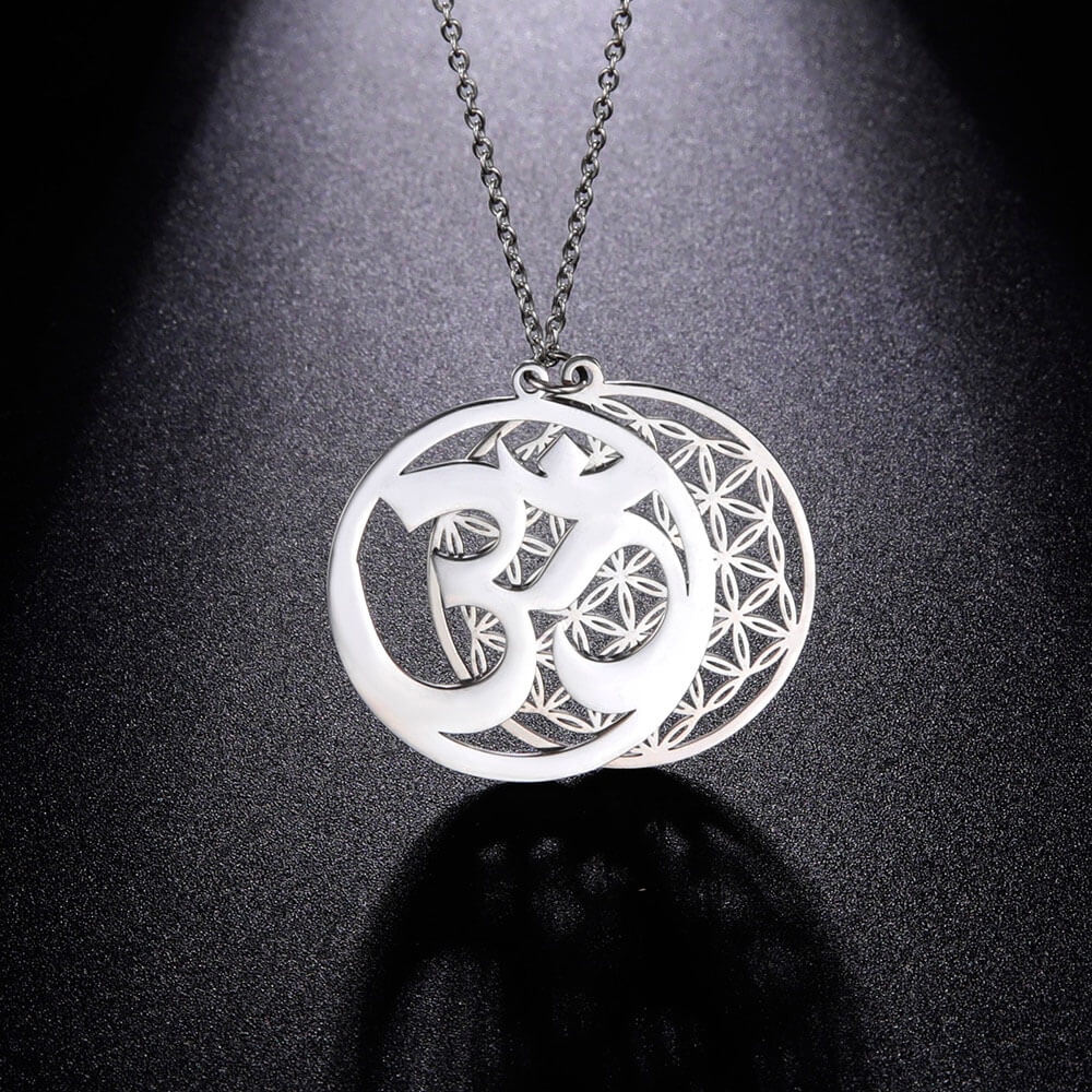 Ketting met levensbloem en Aum, zilverkleurig staal 4 Ketting met levensbloem en Aum, zilverkleurig staal - Afbeelding 4
