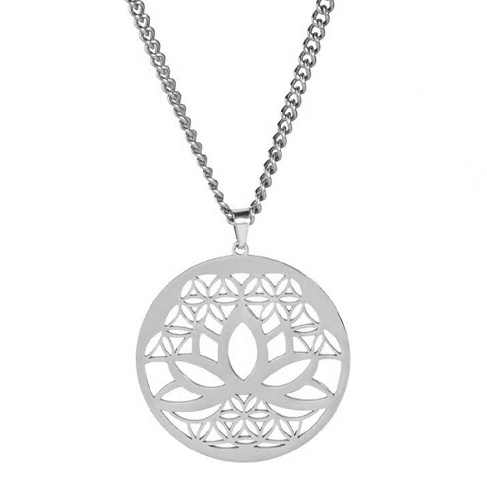 Ketting met lotus en levensbloem, zilverkleurig staal 1 Ketting met lotus en levensbloem, zilverkleurig staal
