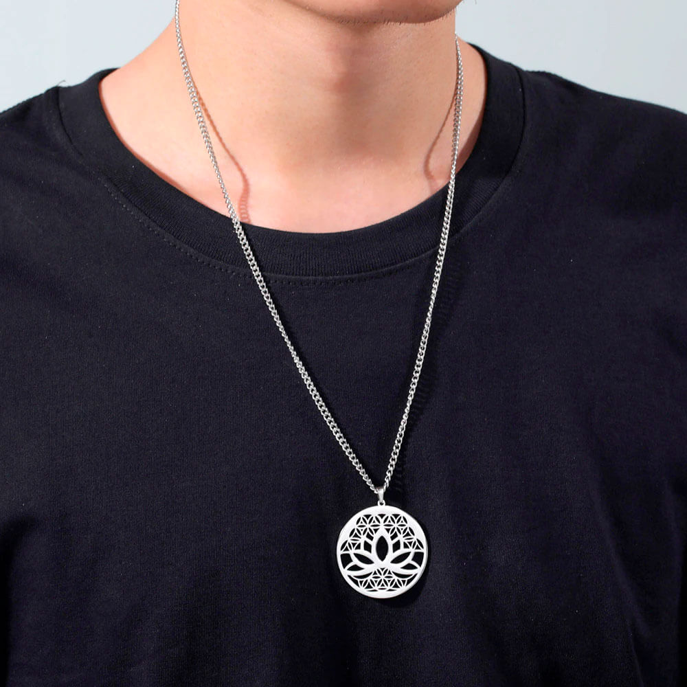 Ketting met lotus en levensbloem, zilverkleurig staal 2 Ketting met lotus en levensbloem, zilverkleurig staal - Afbeelding 2